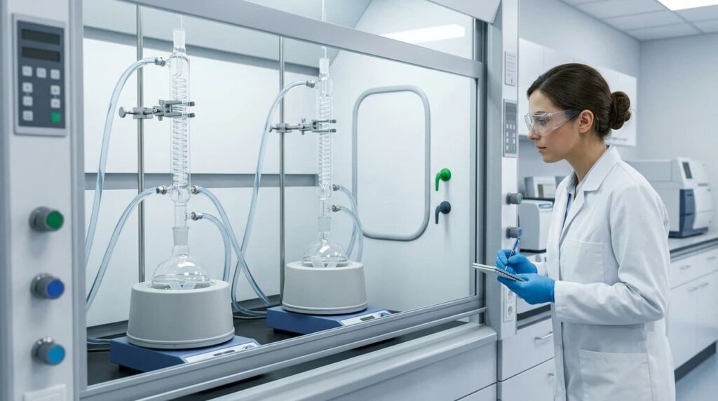 Laboratory reflux testing of cured silicone specimens for total extractables