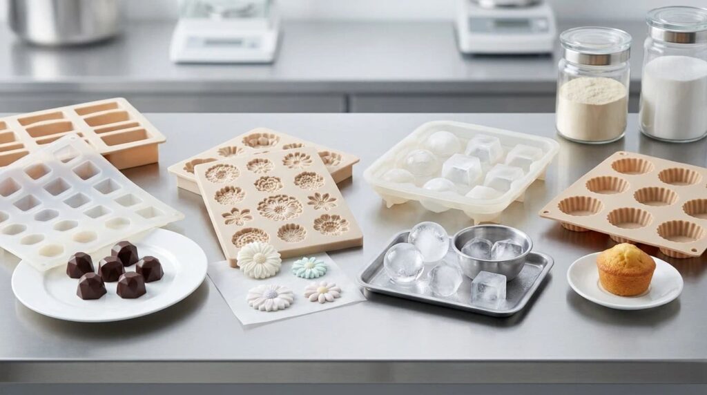 Translucent silicone molds used for chocolate, fondant, ice and bakery applications