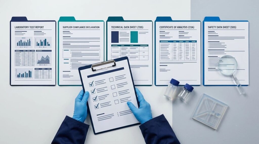 Procurement review of silicone test report, declaration, TDS, COA and SDS