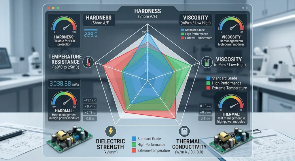 silicone potting compound selection guide parameters infographic
