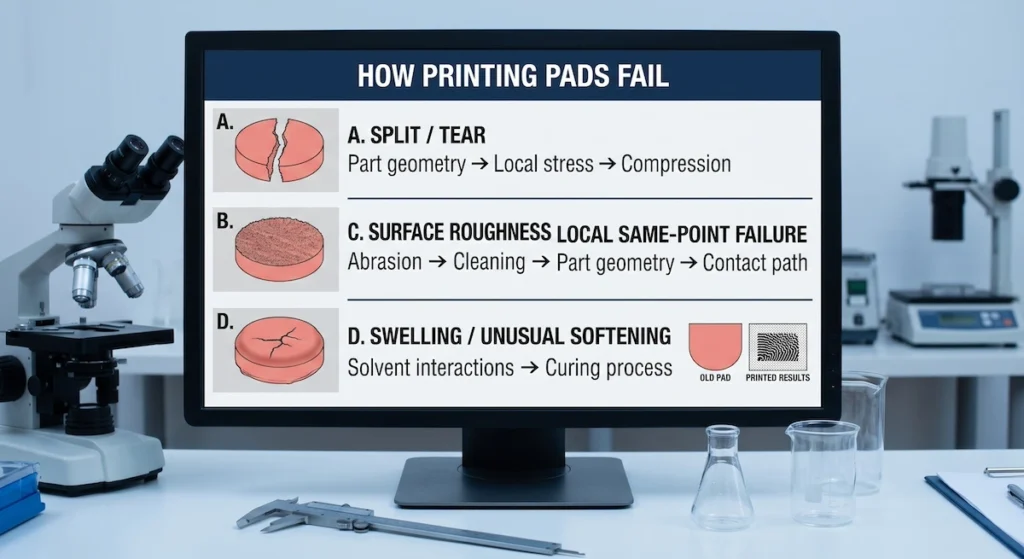 silicone printing pad wear tear surface damage and failure modes