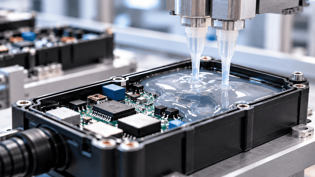 Two-part silicone potting compound being dispensed into an electronic PCB module