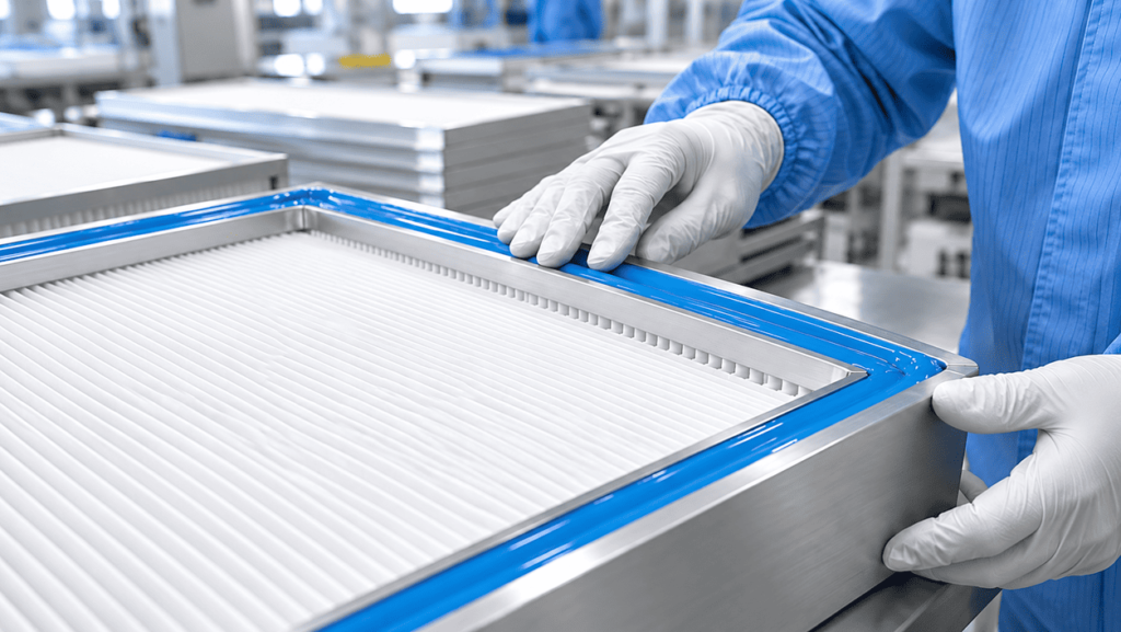 Blue silicone gel seal along a HEPA filter frame channel